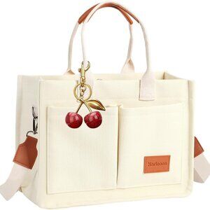 White canvas tote bag for women, large capacity, multi-pocket, zipper, adjustabl